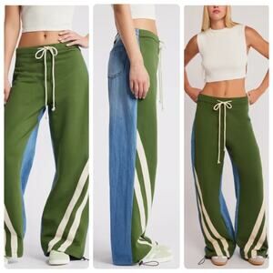 Austin Landing Wide Leg Athletic Pants Green Denim Panel High Rise Jogger NWT